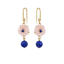 A pair of flower shaped earrings featuring gold hooks, pink petals and a blue round stones pendant each.